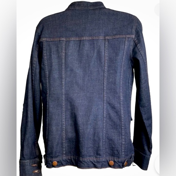 Eileen Fisher Banded Collar Denim Jacket Brass Buttons Pockets at Chest & Hips - Picture 5 of 8